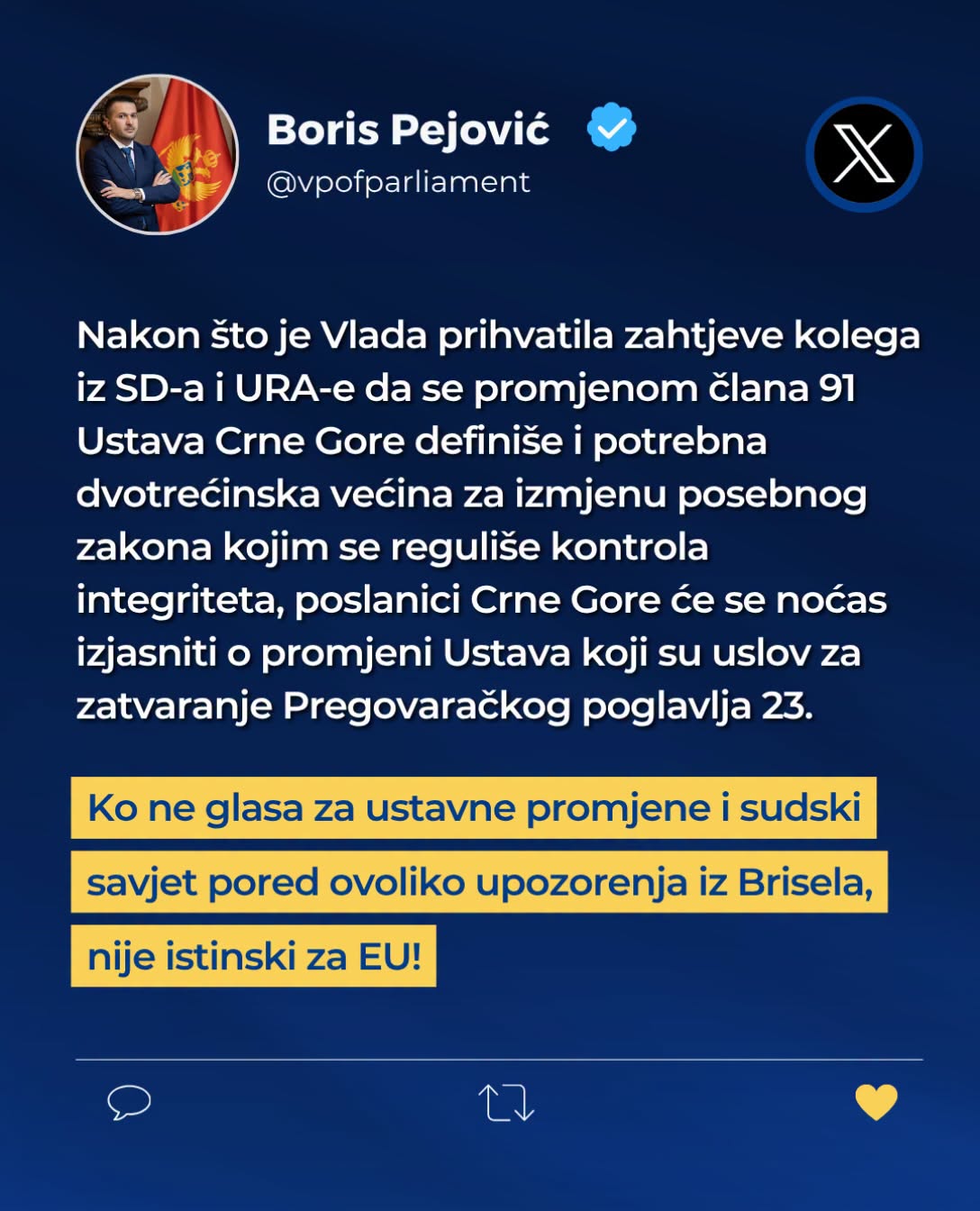 Пејовић: Ко не гласа за уставне промјене и Судски савјет, није истински за ЕУ
