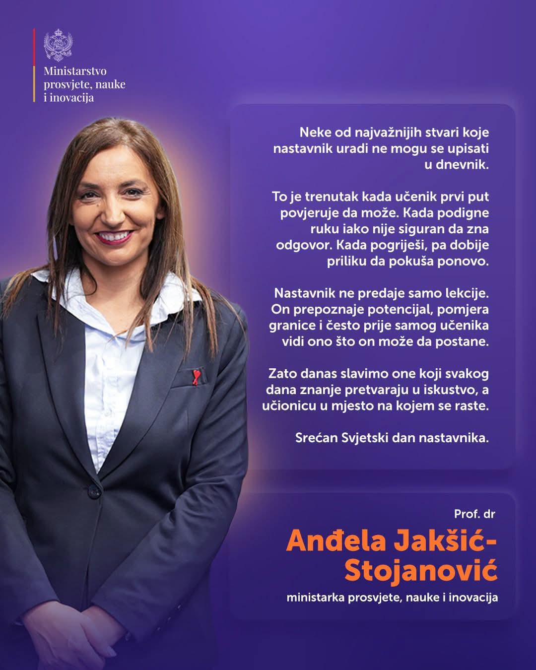 ЈАКШИЋ-СТОЈАНОВИЋ ПОВОДОМ СВЈЕТСКОГ ДАНА НАСТАВНИКА: ЗНАЊЕ ПРЕТВАРАЈУ У ИСКУСТВО